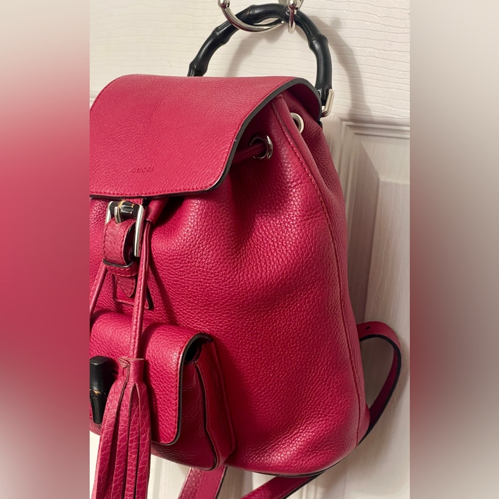 Gucci Bamboo 387149 Small Backpack w/Tassels Pebbled Leather Vintage Raspberry - Picture 5 of 16